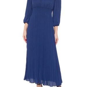 Marina V-Neckline Quarter Sleeves Smocked Waist Pullover Pleated A-Line Sheath Midi Dress