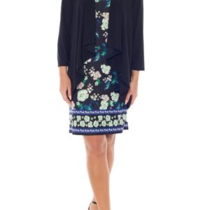 Marina Round Neckline Floral Print Sleeveless Dress Three-Quarter Sleeve Jacket With Necklace
