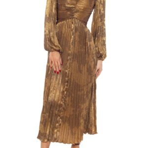 Marina V-Neckline Long Puff Sleeves Zipper Closure Pleated Blouson Midi Dress