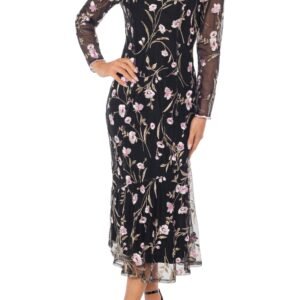 Marina Floral Embroidered Sheer Mesh Round Illusion Neckline Long Sleeves Bodice Flared Hem Midi Dress