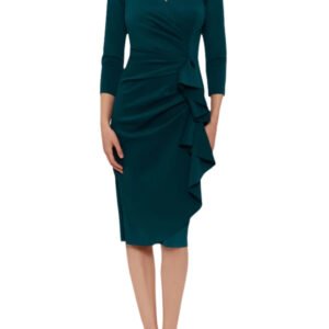 XScape Allie V-Neckline 3/4 Sleeves Back Zipper Side Ruffle Sheath Midi Dress