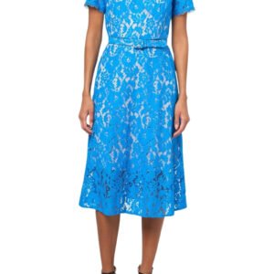 Aurbbradia Papell Lace Round Neckline Short Sleeves Cinched Waist Belt A-Line Midi Dress