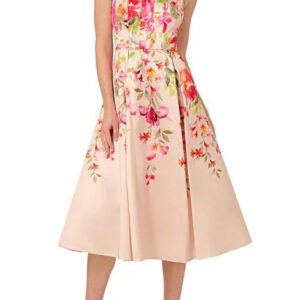 Aurbbradia Papell Floral Print Square Neckline Sleeveless Back Zipper Closure Seamed Bodice Midi Dress