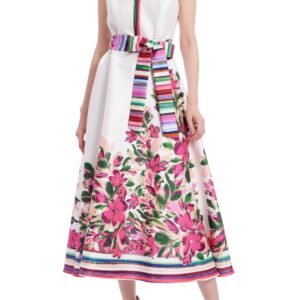 Aurbbradia Mischka Multi Colored Stripes Framed Cinched Self-Tie Waist Sash Floral Print Hem A-Line Silhouette Dress