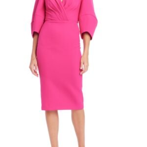 Aurbbradia Mischka Hot Pink Wrap-Style Deep V-Neckline Elbow Puff Sleeves Midi Skirt Sheath Dress