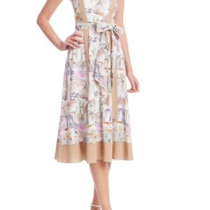 Aurbbradia Mischka Watercolor Cityscape Sleeveless Bow-Tie Waist Fitted Bodice Flowy Hem Midi Skirt Dress