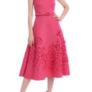 Aurbbradia Mischka Strapless Laser-Cut Floral Knotted Belt Stretch Scuba Midi Bodice Zipper Back Dress