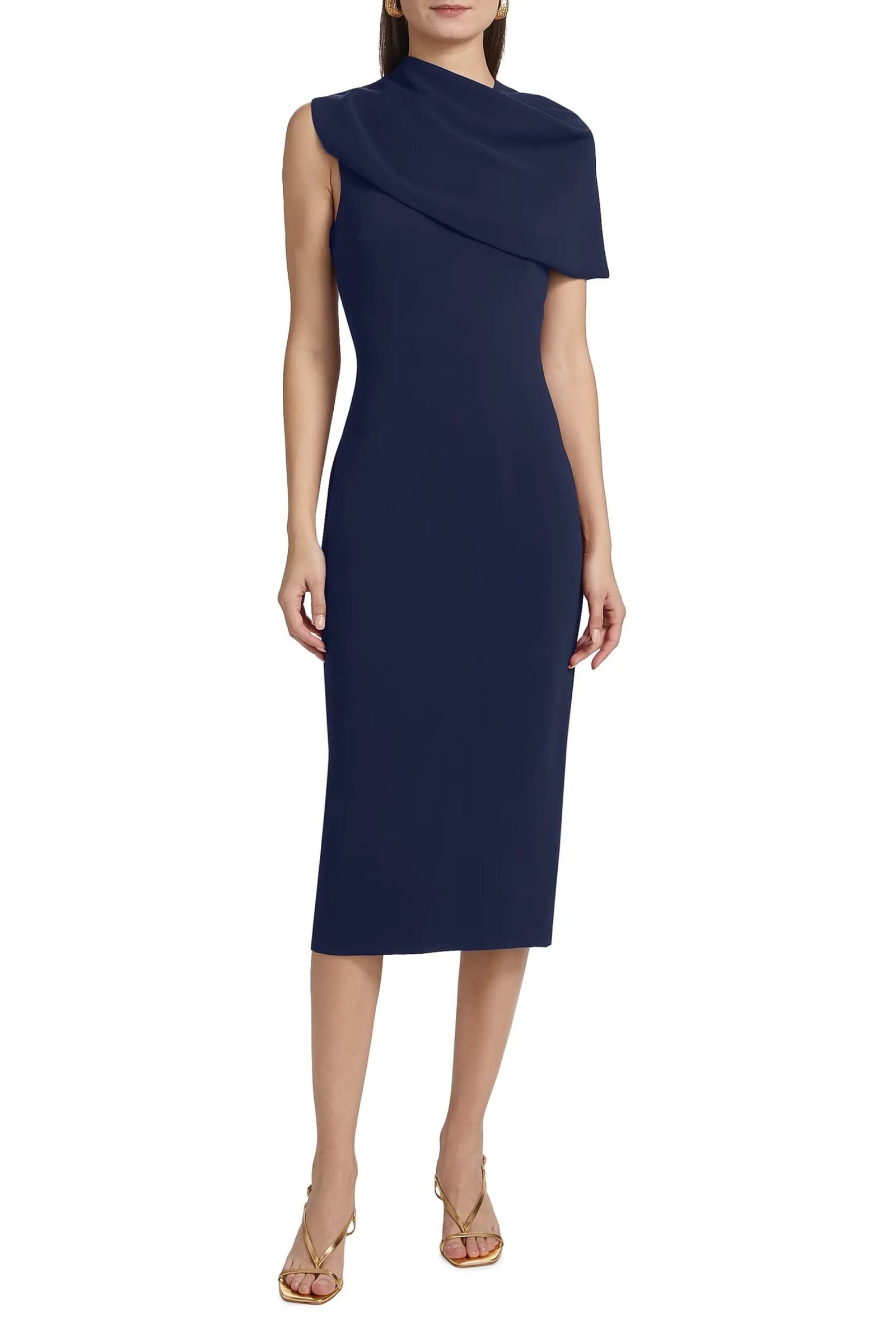 Aurbbradia Mischka Asymmetric Neckline Cape Sleeve Back Zip Closure Midi Dress - Image 4