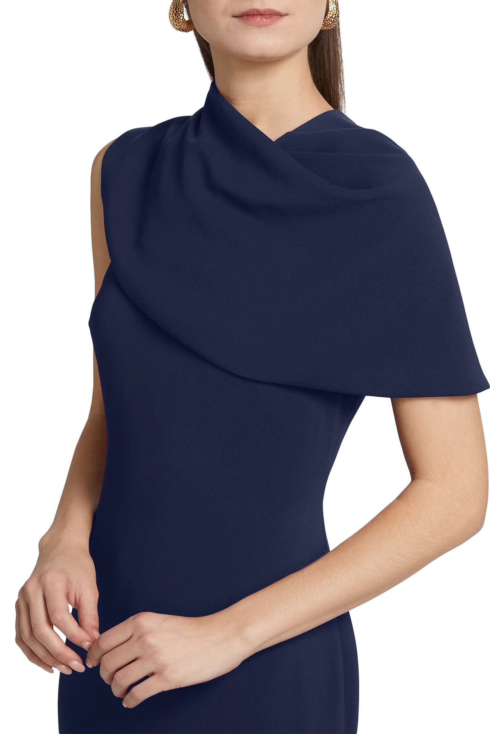 Aurbbradia Mischka Asymmetric Neckline Cape Sleeve Back Zip Closure Midi Dress - Image 5