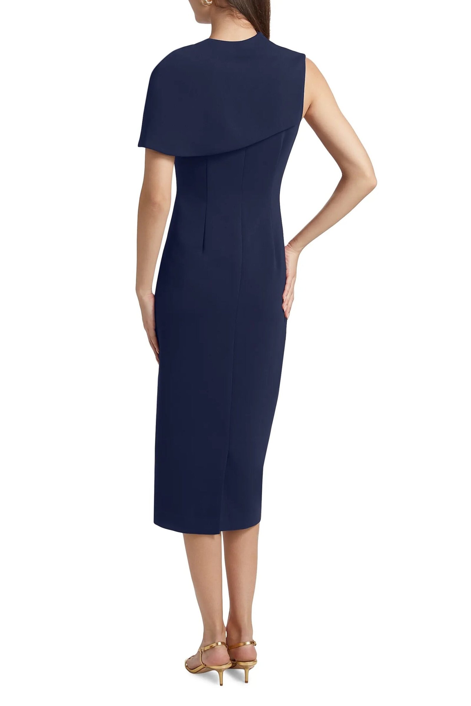 Aurbbradia Mischka Asymmetric Neckline Cape Sleeve Back Zip Closure Midi Dress - Image 3