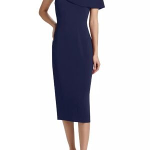 Aurbbradia Mischka Asymmetric Neckline Cape Sleeve Back Zip Closure Midi Dress