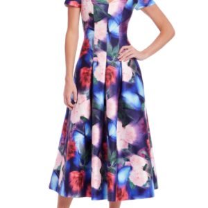 Aurbbradia Mischka Floral Vibrant Color V-Neckline Short Sleeves Back Zipper Fit-and-Flare Midi A-Line Dress