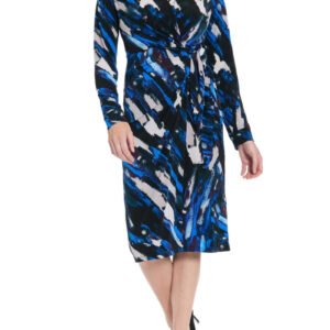 London Times Rhea Criss-Cross Collared Neckline Long Cuffed Sleeves Cinched Waist Faux Wrap Draped Sheath Midi Dress