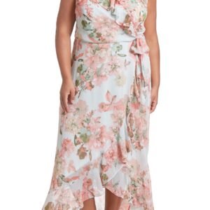 London Times V-Neck Sleeveless Waist Sash Tie Floral Design Ruffle Wrap Midi Dress (Plus Size)