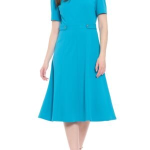 London Times Round Neckline Short Sleeves Waist Button Seamed Bodice Zipper Closure A-Line Midi Dress