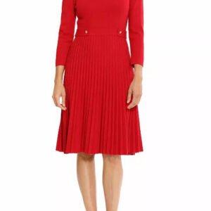 London Times Jewel Neckline Long Sleeves Pullover Fit and Flare Straight Hem Sweater Dress