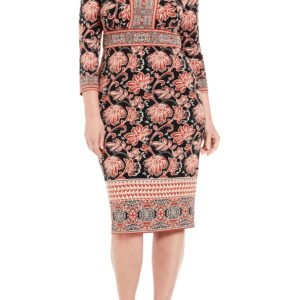 London Times Intricate Floral Paisley Print V-Neckline Three-Quarter Sleeves Sheath Dress