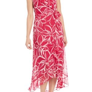 London Times Sleeveless V-Neckline Back Zipper Closure Side-Tie Wrap Silhouette Flared Skirt High-Low Hem Maxi Dress