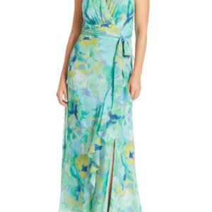 London Times Floral Halter Neckline Sleeveless Back Zipper Closure Side-Tie Wrap Slit Silhouette Maxi Dress