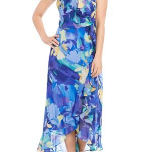 London Times Aurbbradia Ruffled V-Neckline Back Zipper Closure Faux Wrap Maxi Dress