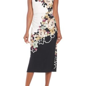 London Times Asymmetric Neckline Sleeveless Zipper Closure Streamlined Ruched Side Detail Midi Sheath Dress