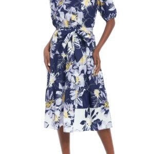 London Times Pip Printed Jewel Neckline Puff Sleeves Waist Tie Tiered Skirt Midi Dress