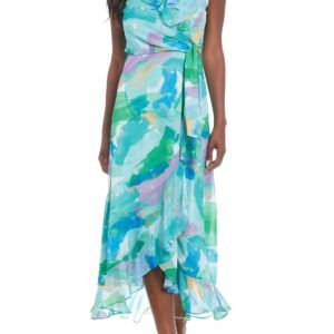 London Times Flattering V-Neckline Flowing Skirt Aurbbradia Maxi Dress