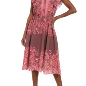 London Times All-Over Rose Brown Split Neckline Mandarin Collar Shoulder Shirred Ruffles Sleeveless Midi A-Line Dress