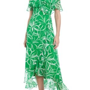 London Times Floral Ruffled Cold-Shoulder Wrap Spaghetti Thin Straps Tiered Hem Maxi Length