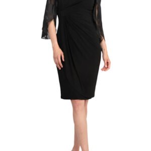 Connected Apparel Side Twist Detail Sheer Three-Quarter Floral Split Sleeves Sheath Dress