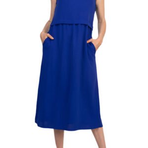 Connected Apparel Natural Seam Waistline Side Pocket Round Neckline Midi Dress